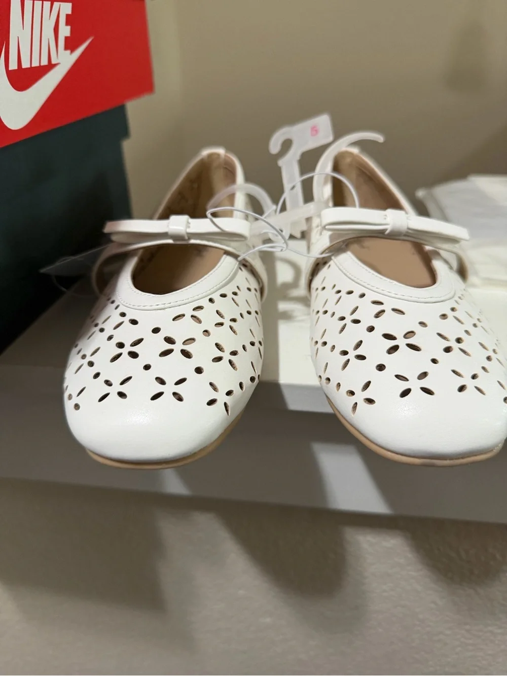 Cat & Jack White Laser-Cut Mary Jane Flats with Bow Accent
